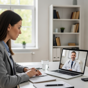 Mulher falando com médico em seu noteebok. Ela está sentada em uma mesa em seu escritório.