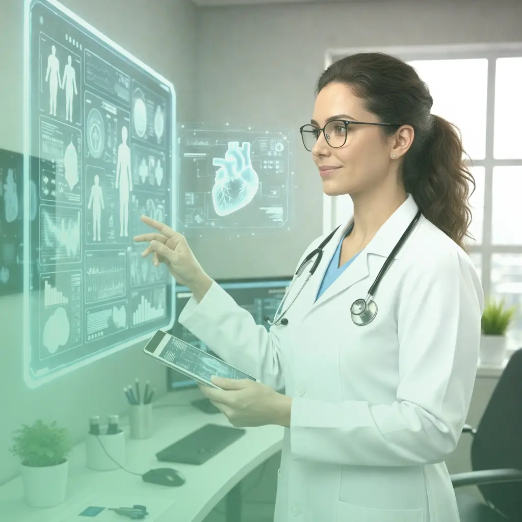 Profissional de saúde interage com painel digital de dados médicos. Arte institucional sobre inovação e saúde digital.