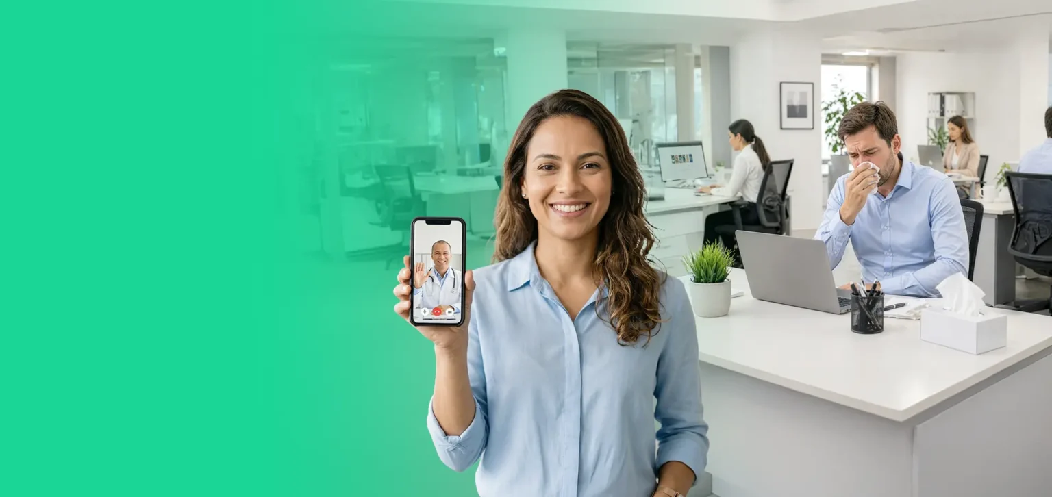Mulher exibe consulta médica por videochamada em escritório corporativo. Arte da Bitcare sobre gestão de saúde corporativa e redução de afastamentos.