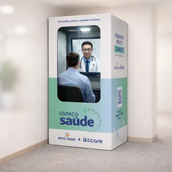 Cabine de telemedicina permite atendimento médico por videochamada dentro da empresa. Arte sobre acesso rápido e prático à saúde corporativa.