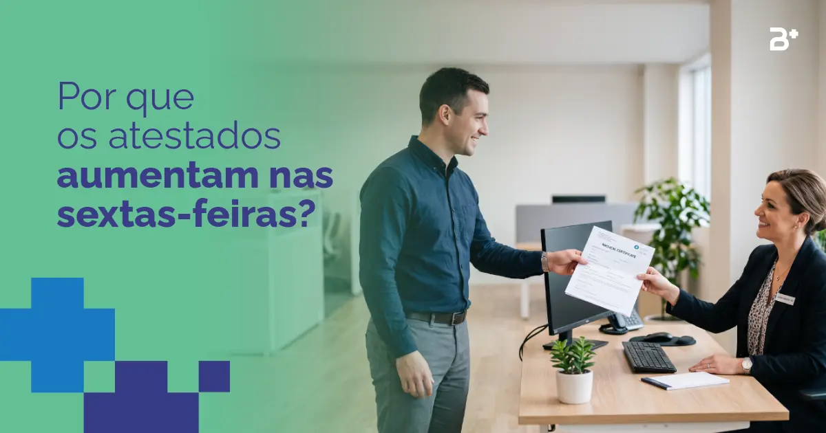Por que os atestados aumentam na sexta-feira? Um olhar sobre saúde corporativa. Imagem de homem entregando currículo para mulher em sua mesa.