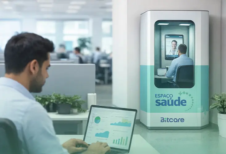 Imagem de um funcionário próximo a uma cabine de telemedicicina