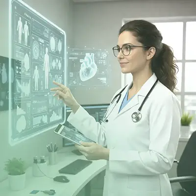 Profissional de saúde interage com painel digital de dados médicos. Arte institucional sobre inovação e saúde digital.