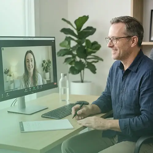 Imagem de uma psicóloga consultando por vídeo seu paciente