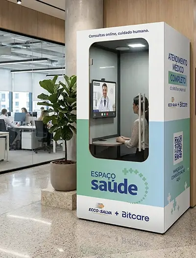 Cabine de telemedicina permite atendimento médico por videochamada dentro da empresa. Arte sobre acesso rápido e prático à saúde corporativa.