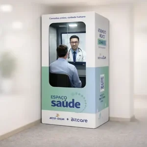Cabine de telemedicina permite atendimento médico por videochamada dentro da empresa. Arte sobre acesso rápido e prático à saúde corporativa.