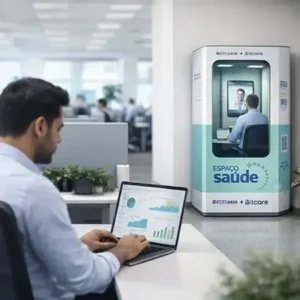 Cabine de telemedicina permite atendimento médico por videochamada dentro da empresa. Arte sobre acesso rápido e prático à saúde corporativa.
